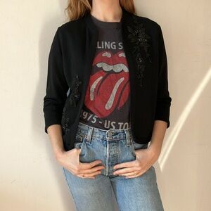 Vintage Floral Beaded Black 100% Wool 3/4 Length Sleeve Cardigan Sweater